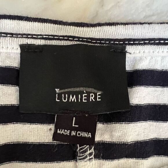 Lumiere striped navy/white ruffle sleeves top cotton/linen size L - Picture 4 of 7